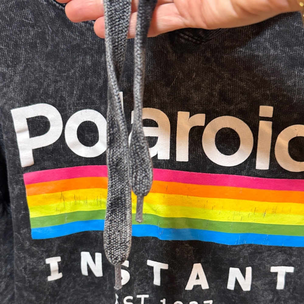 Polaroid Black Cropped Acid-Washed Hoodie with Rainbow Stripe Logo. Size Large - Picture 5 of 8